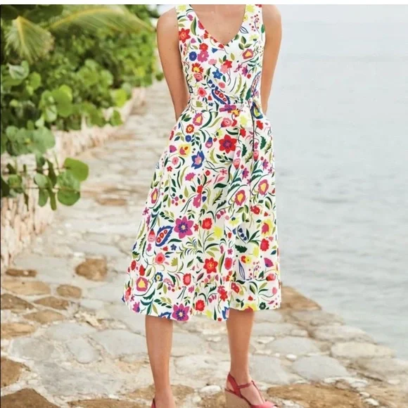 Boden White Floral Print Fit & Flare Cotton Sleevless Summer Dress in Sz. 4 - Picture 2 of 9